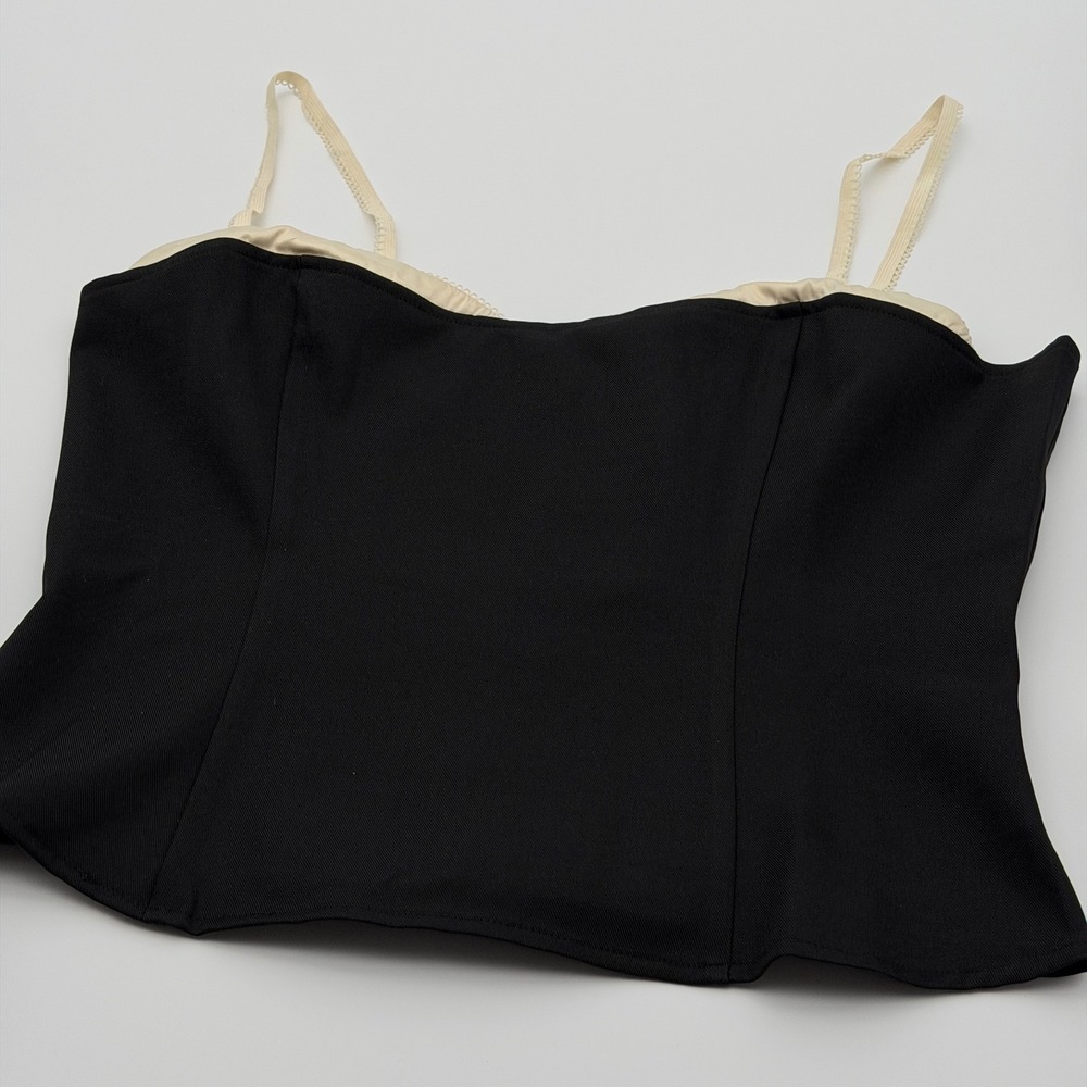 Black Corset Bustier Top Sweetheart Neck Smocked Back Cream Trim Sleeveless